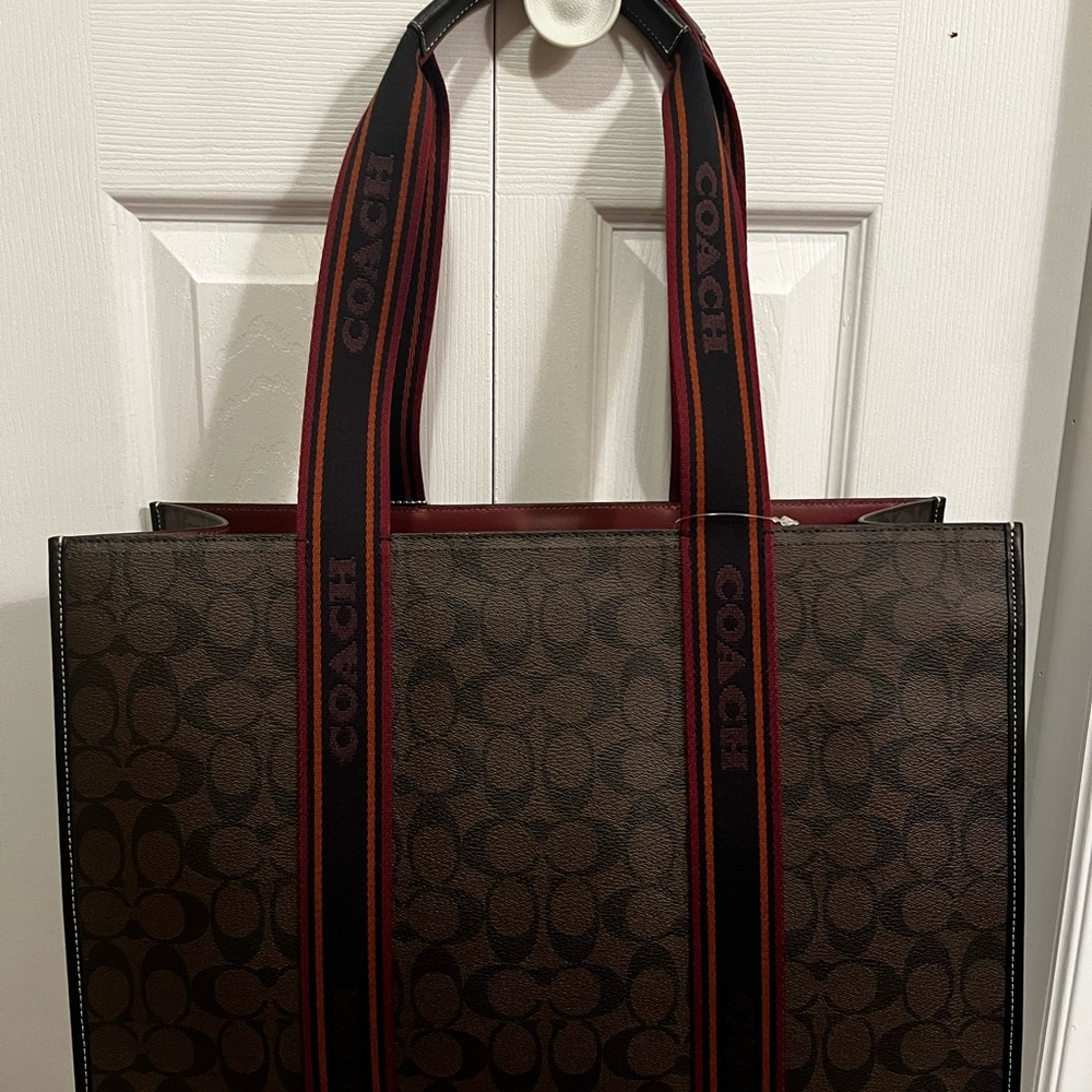 BRAND NEW 
Coach Signature Brown Tote with Red and Black Straps